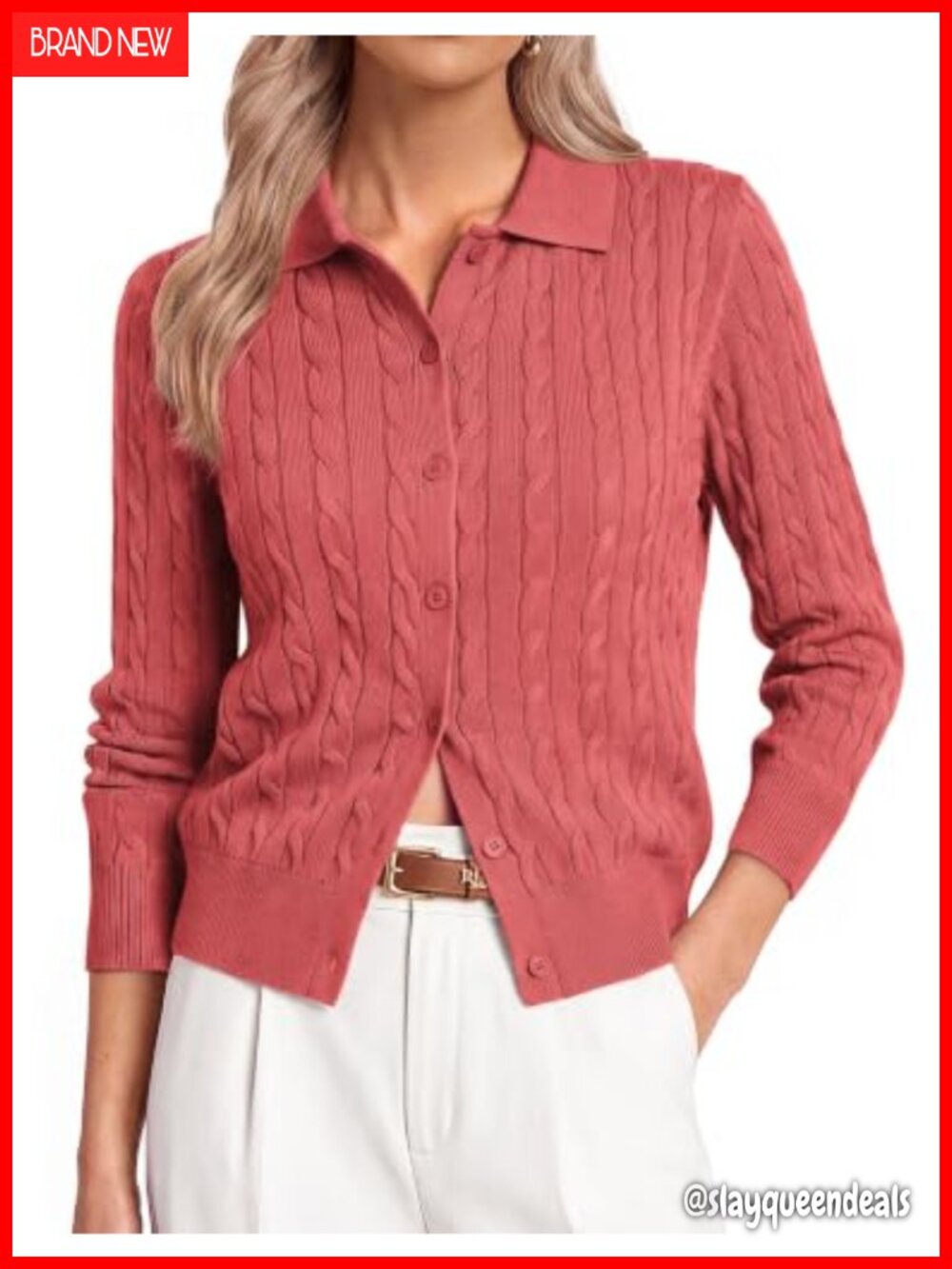 Women Cable Knit Button-Up Cardigan Collared Layering Sweater